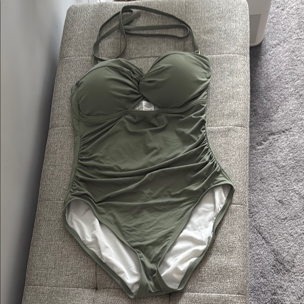 Like New LOFT Beach Shirred Twist Bandeau One Piece Swimsuit medium